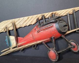 1970s Sexton Cast Metal BiPlane Wall Decor WWI Aircraft Red