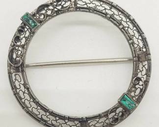 Antique Sterling Silver Circle Brooch with Green Stones