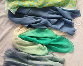 Four Blue and Green Chiffon Scarves Solid Blue Teal w Purple Flower Green Ombre Mini Print