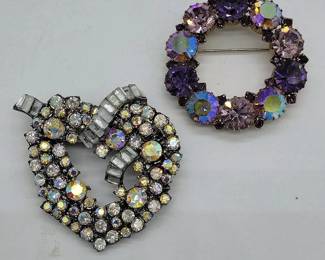 001 Two Vintage Brooches Rhinestone Heart Purple Rhinestone Circle