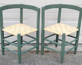 Pair Of Corner Flat Reed Painted Green Chairs