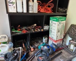 Various Nice Watering spouts, Yard Chemicals, Sprayer, Camp Seat, and a wide array of household tools.