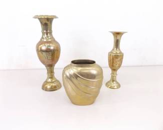 3 SOLID Brass Etched etc. Vases