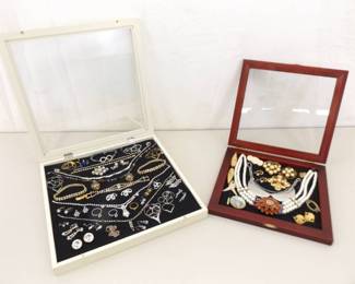 Lot of Vintage Costume Jewelry in 2 Display Cases