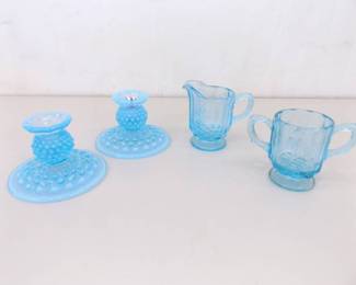 Vintage Light Blue Fenton Glass Hobnail Candle Set, and L.G. Wright Cream Sugar Set