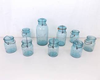 Lot of Lidded etc. Vintage Blue Ball Wire Mason Jars