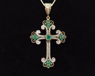 .925 Sterling Silver Gothic Emerald Crystal Vermeil Pendant Necklace