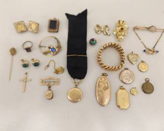 Large Lot of Antique and Vintage Gold Plated, Gold Fill, etc. Lockets, Pins, etc.