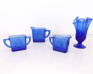 Lot of Vintage Cobalt Blue Hazel Atlas Glass Creamer Set, and Vase