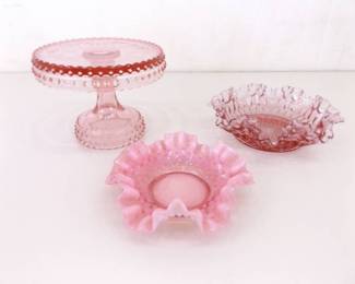 Lot of Vintage Fenton, etc. Pink Hobnail Ruffled Glass, Cake Stand, etc.