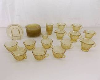 Lot of Amber Federal Depression Glass Cups and Saucers, Creamer and Sugar etc.