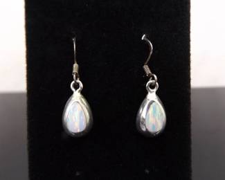 .925 Sterling Silver Inlayed Opal Dangle Hook Earrings