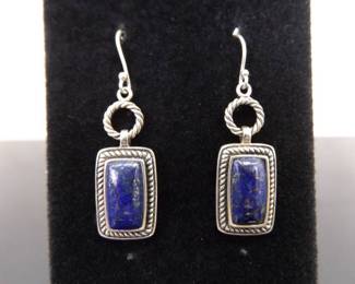 .925 Sterling Silver Lapis Lazuli Cabochon Dangle Hook Earrings
