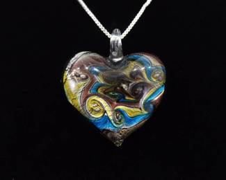 .925 Sterling Silver Dichroic Foil Glass Heart Pendant Necklace
