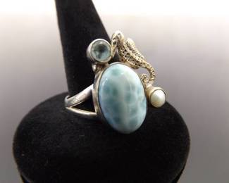 .925 Sterling Silver Larimar Pearl Topaz Seahorse Ring Size 8