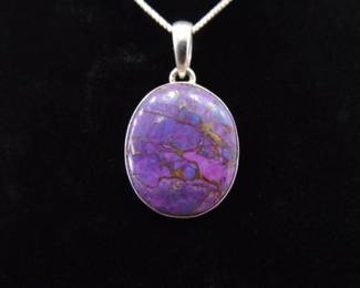 .925 Sterling Silver Purple Mojave Turquoise Cabochon Pendant Necklace