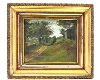 Oil on canvas of barn in lush green field with road