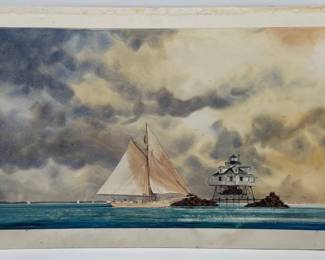 Robert Burnell (Tidewater, VA artist, b. 1929) watercolor of Thomas Point lighthouse