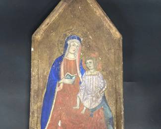 Painted icon on arched wood panel