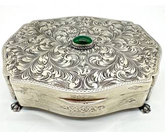 Etched 800 silver jewelry box with jade cabochon jeweled lid