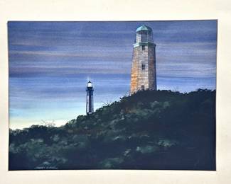 Robert Burnell (Tidewater, VA artist, b. 1929) watercolor of Cape Henry lighthouse