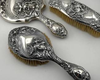 3 piece sterling Art Nouveau brush set by Unger Brothers