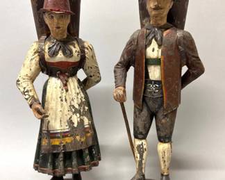 Charming pair of toleware Tyrollean figural posy holders