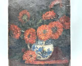 Unframed oil on canvas of still life with red flowers in vase