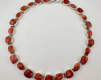 Santa Fe sterling, spiny oyster necklace, signed Peyote Bird