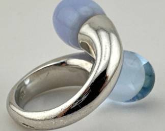 Baccarat, sterling and blue lace agate bypass contemporary ring