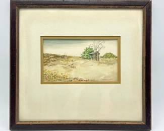 Framed watercolor of log cabin signed Sarah L Lewis