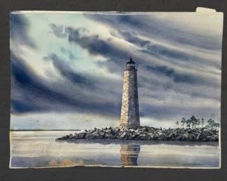 Robert Burnell (Tidewater, VA artist, b. 1929) watercolor of Old Cape Henry lighthouse
