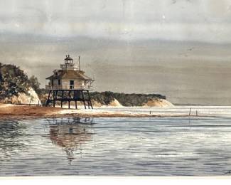 Unframed watercolor by Robert Burmell (Tidewater, b 1929) of Drum Point lighthouse