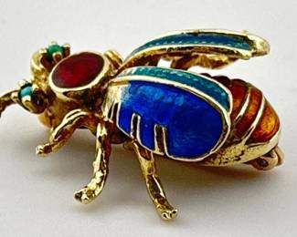 14kt, enamel bee pin with turquoise eyes
