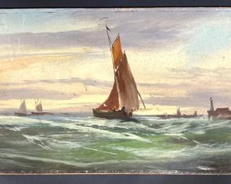 Oil on panel of seascape with boats, signed W. Wall (?)