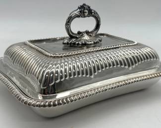 English silver plated covered casserole with removable handle