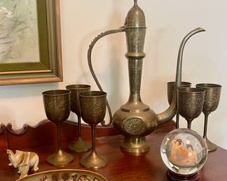 BRASS AFTABA/EWER WITH 6 BRASS GOBLETS, VINTAGE CHINESE HAND PAINTED REVERSE GLASS GLOBE
