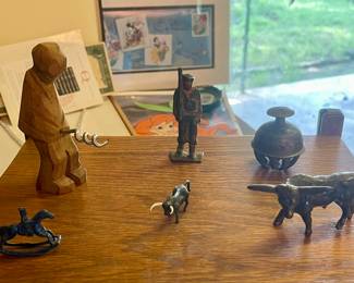 CARVED CORKSCREW, VINTAGE BRONZE LONGHORNS, BRASS ELEPHANT CLAW BELL, ANTIQUE IRON TOY SOLDIER