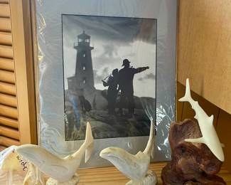HANDCARVED WHALES, JOHN PERRY SHARK SCULPTURE