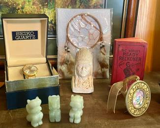 SEIKO QUARTZ WATCH IN ORIGINAL BOX , CHALKWARE NATIVE AMERICAN FIGURINE, SEE, SPEAK, HEAR NO EVIL/THREE WISE MONKEYS JADE FIGURINES
