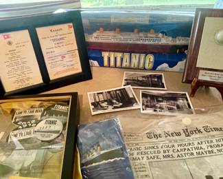 RMS TITANIC APRIL 14, 1912 DINNER MENU ALONGSIDE A LUNCH INVITATION, TITANIC 1600 MODEL SCALE SHIP, RECOVERED RIVET FROM JAMES CAMERON’S EPIC MOVIE TITANIC