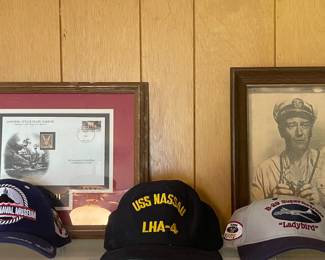 NAVY CAPS, FRAMED PHOTO OF JOHN WAYNE