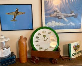 CAPTURES STEPHANIE STEINHAUSER FIGHTER JAPANESE AIRCRAFT PHOTO, B-24 LIBERATOR PHOTO BY BUD DAVISSON, JOHN DEERE CLOCK, ANTIQUE STONEWARE NATURAL MINERAL WATER BOTTLE-GERMAN