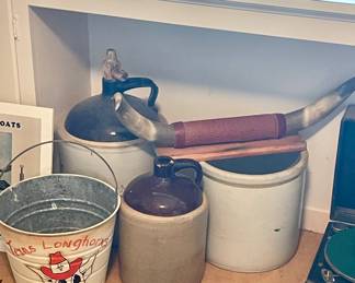 VINTAGE CROCK AND CROCK JUGS, PAINTED LONGHORN BUCKET