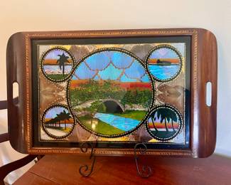 VINTAGE TRAY IN TEAK INLAID WOOD & GLASS-DEPICTS RIO DE JANEIRO IN VERY BEAUTIFUL IRIDESCENT COLORS