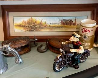 PEWTER STEIN “THE CHICKEN RANCH” LA GRANGE TX , ANTIQUE PULLEYS, VINTAGE JAX & PABST BLUE RIBBON BEER STEINS, HUBLEY POPEYE MOTORCYCLE CAST IRON TOY REPRODUCTION