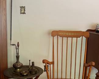 VINTAGE ROCKING CHAIR, VINTAGE ASIAN SPIDER LEG TRAY TABLE, BRASS HOOKAH
