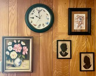 ORIGINAL FLORAL PAINTING BY V BENSON, FRAMED VINTAGE SILHOUETTES, FRAMED ORIGINAL DRAWING “ZORIA” BY ELENA DIADENKO