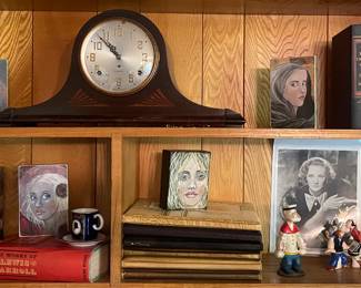 ANTIQUE MANTLE CLOCK, YEARBOOKS, VINTAGE POPEYE FIGURINES, ARTWORK