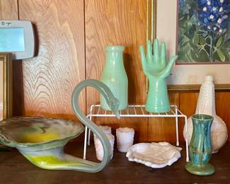 JADEITE MILK BOTTLE “PROPERTY OF LIBERTY MILK CO INC BUFFALO NY, JADEITE HAND, MCM BLOWN GLASS SWAN, MILK GLASS